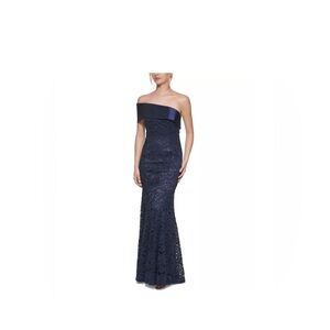 Eliza J One Shoulder Navy Lace Gown